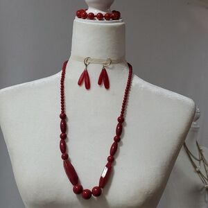 Vintage Red Beaded Necklace Set